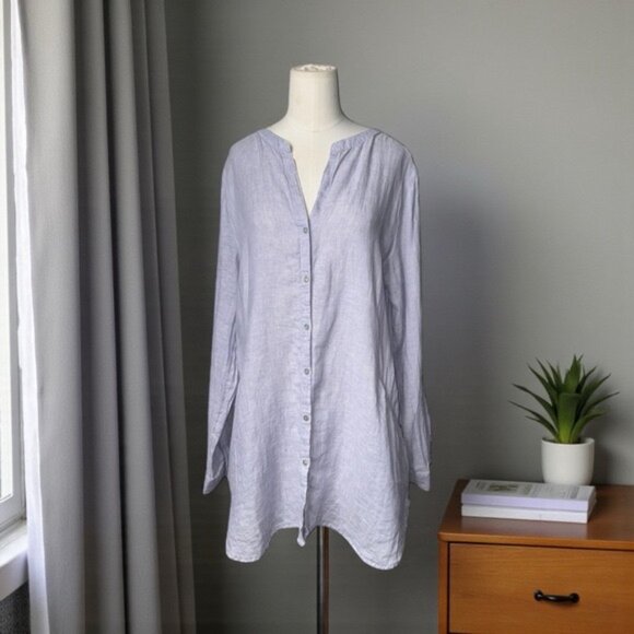 Sigrid Olsen Tops - Sigrid Olsen 100% Linen Button Down Shirt – Light Blue Tunic Top, Relaxed Fit